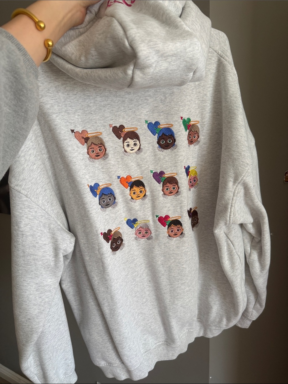 Men/Women Light Gray Hoodie with Colorful Character Embroideries